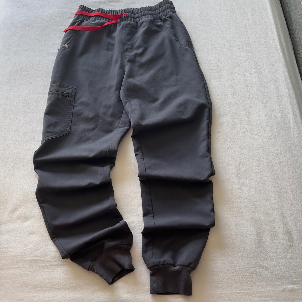FIGS Zamora Jogger Scrub Pants XS Graphite Grey Red Drawstring W20SW2028 Womens